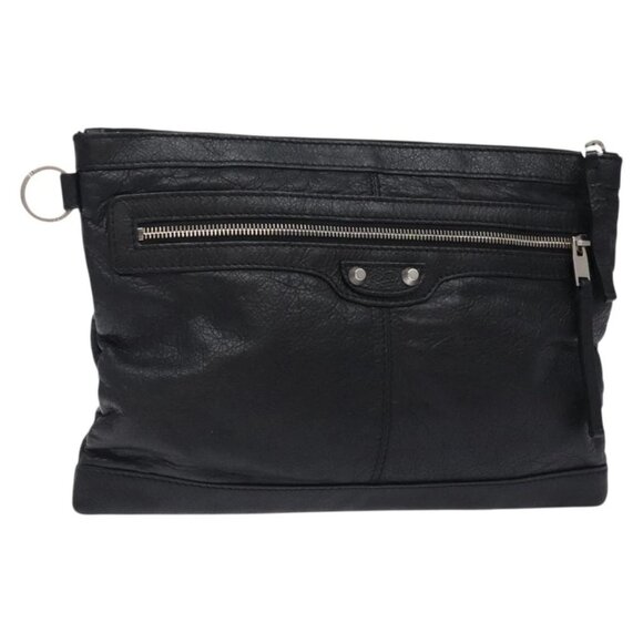 BALENCIAGA Classic Clip M Clutch Bag Leather Black Silver 273022 Auth 132272 - Picture 1 of 15